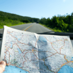 Road map in a car while driving on a country road