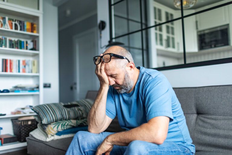 Mature adult man with depression sitting on sofa at home