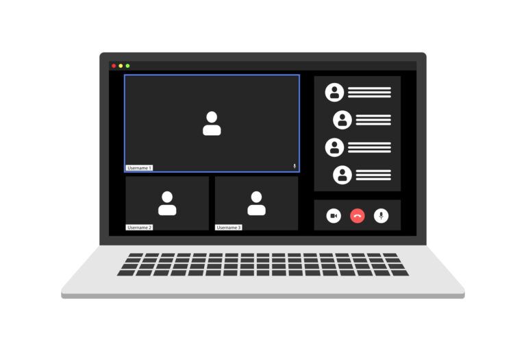 Video call with chat on screen laptop. Online webinar, meeting