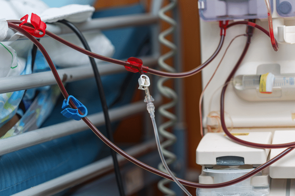 Close-up of dialysis machine tubing connected to a patient in a hospital setting