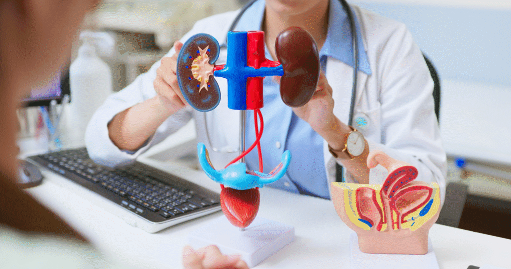 A doctor uses anatomical kidney and urinary system models to explain treatment to a patient during a consultation.