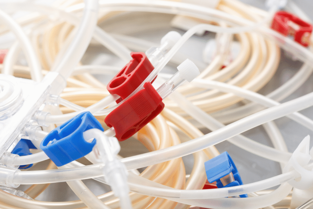 Close-up of coiled dialysis tubing with red and blue clamps used for hemodialysis