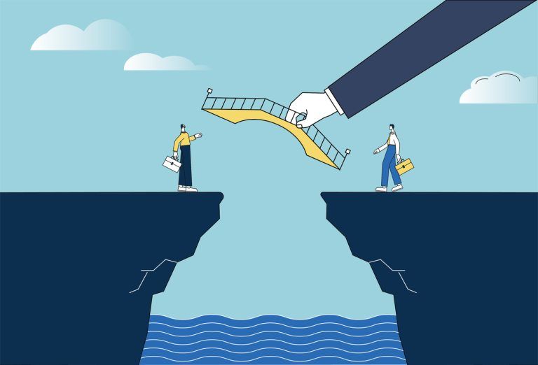 The giant helped two businessmen build a bridge for cooperation on the cliff.