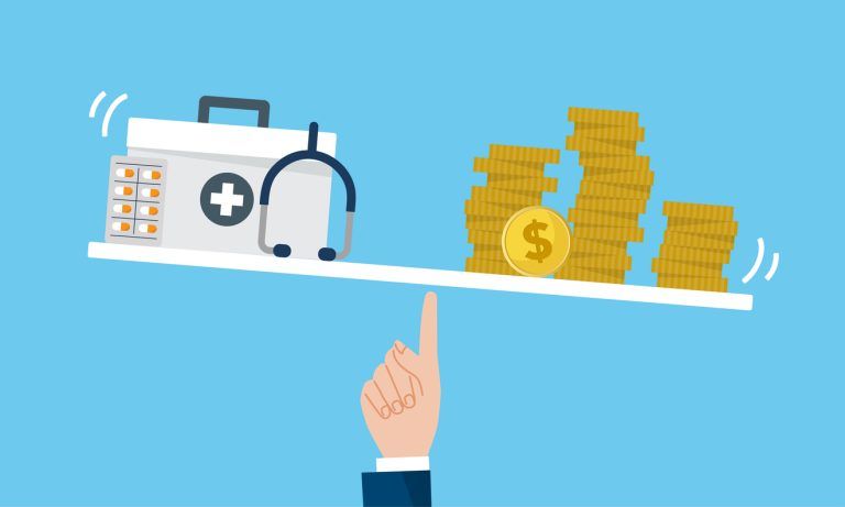 Medical bills,balance of money and medical image,blue background,vector illustration